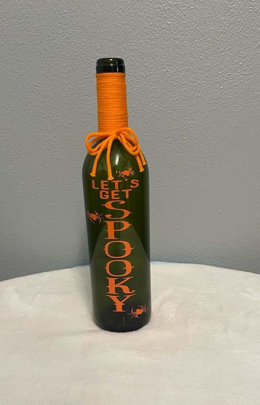 Halloween Decorative Wine Bottle Let's Get Spooky Orange Trim